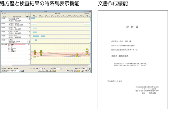 処方歴と検査結果の時系列表示機能画面