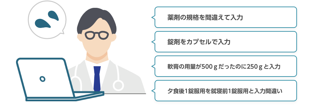 入力ミスのインシデントでは、薬剤の規格や用量、服用方法の入力ミスも考えられます。